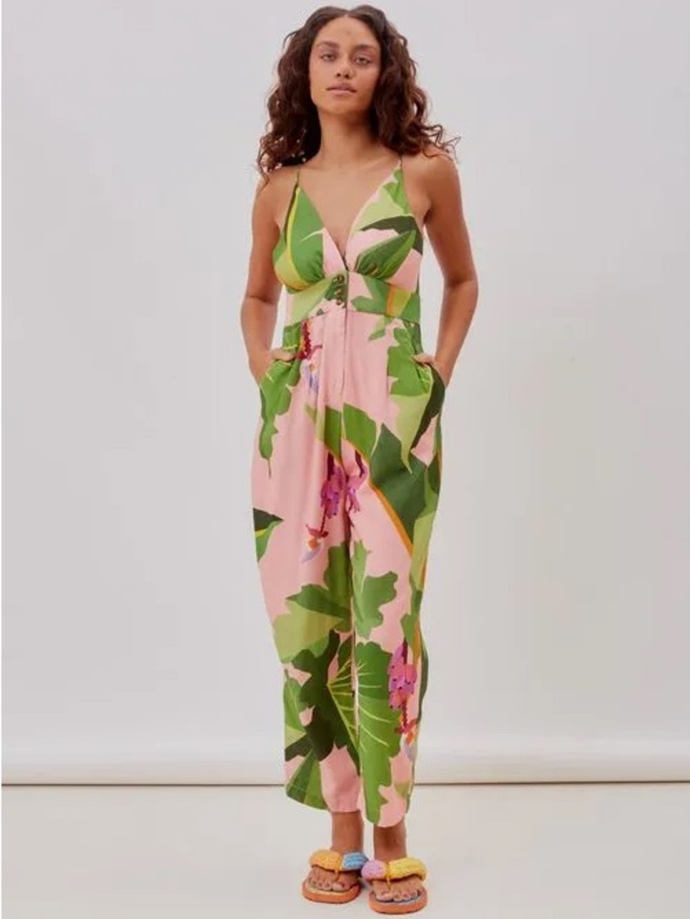 Farm Rio Pink & Green Tropical Print Jumpsuit - Women's Strappy Summer Romper